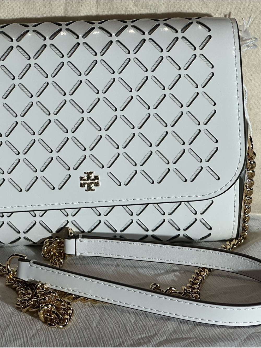 Tory Burch White Perforated Leather Crossbody with Gold Chain
